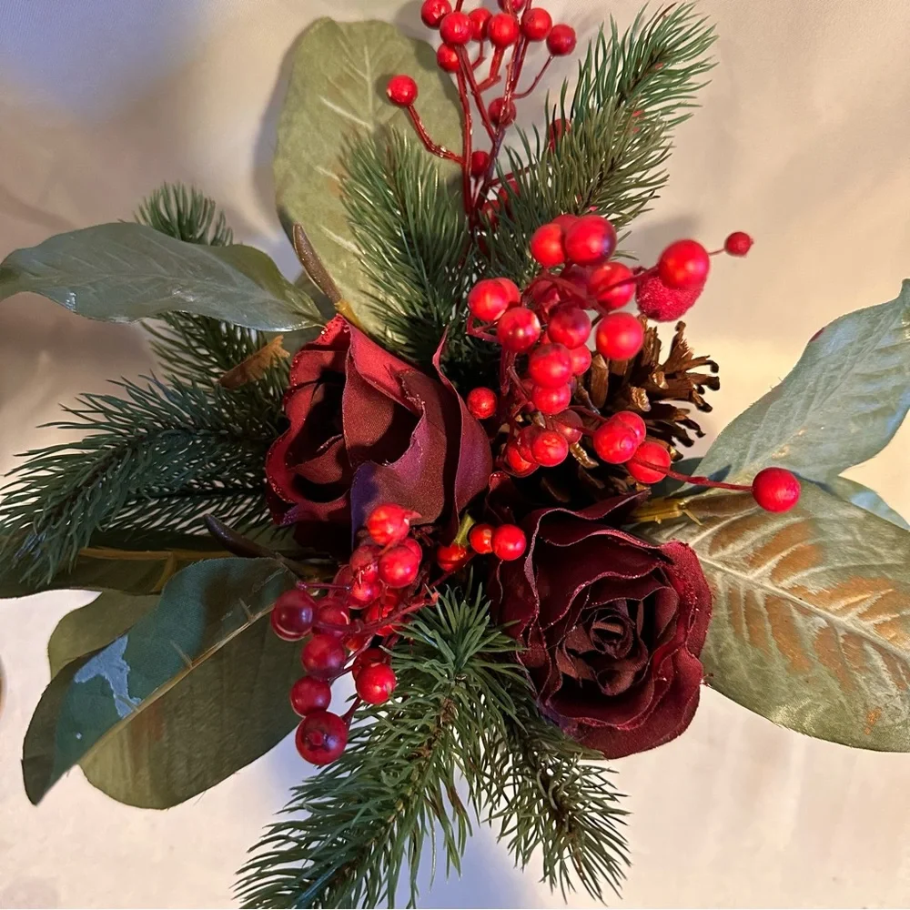 Festive Green and Red Silk Winter Arrangement Roses Berries Pine in Metal Pot